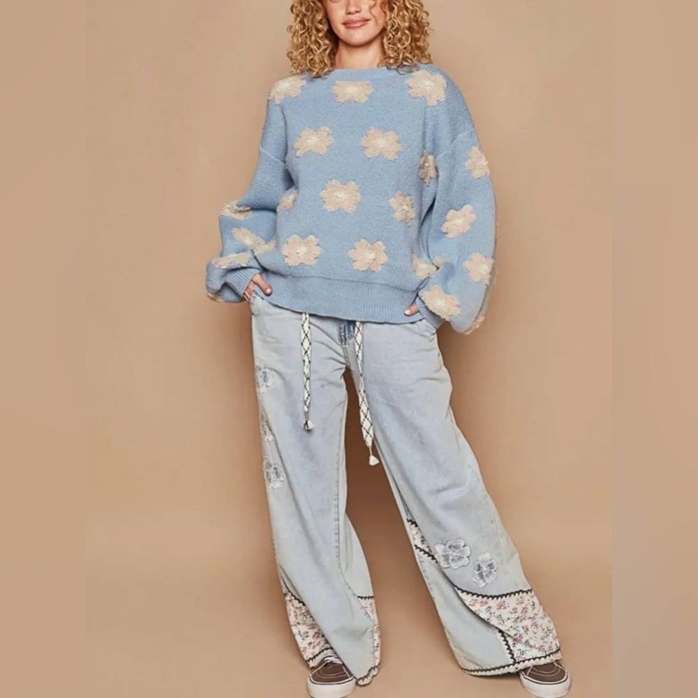 POL Baby Blue Chenille Flower Sweater